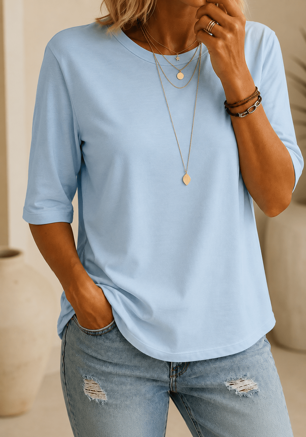 Margot | Relaxed Crew Neck Everyday Top Light Blue