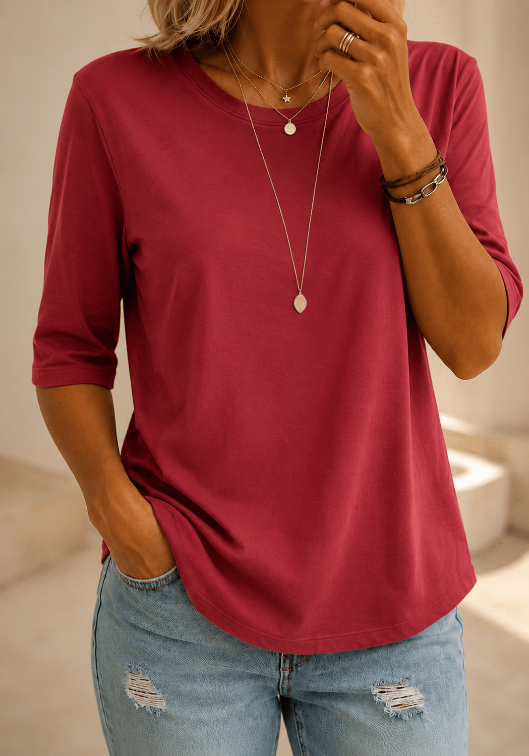 Margot | Relaxed Crew Neck Everyday Top Red