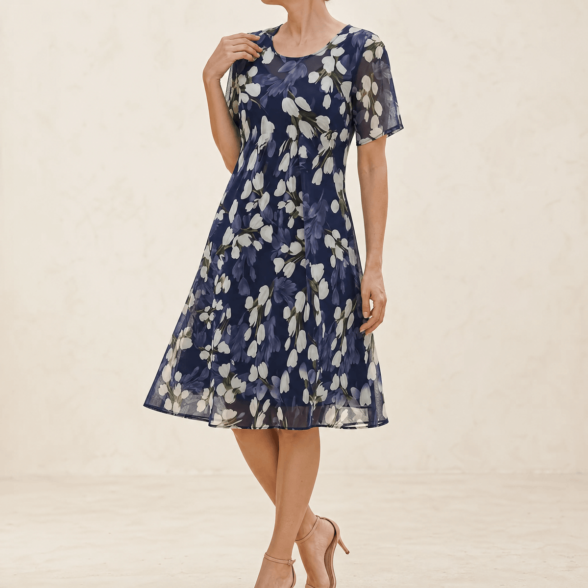 Emma | Elegant Navy Blue Floral Midi Dress