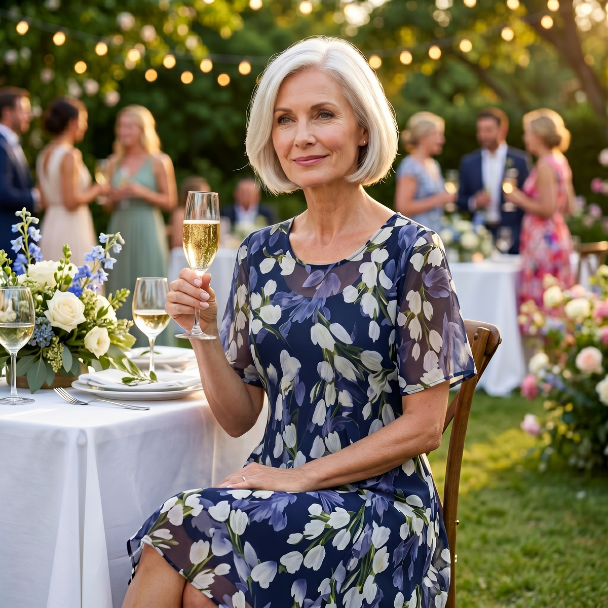 Emma | Elegant Navy Blue Floral Midi Dress