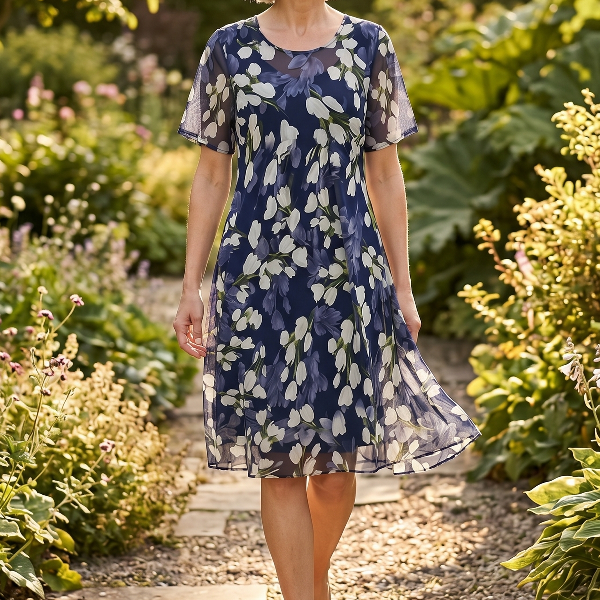 Emma | Elegant Navy Blue Floral Midi Dress